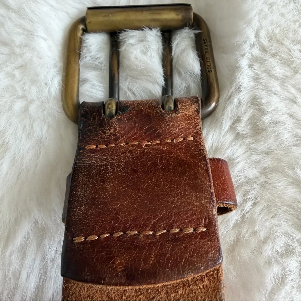Vintage Distressed Leather Belt Solid Brass Double Prong Buckle Brown Size 34